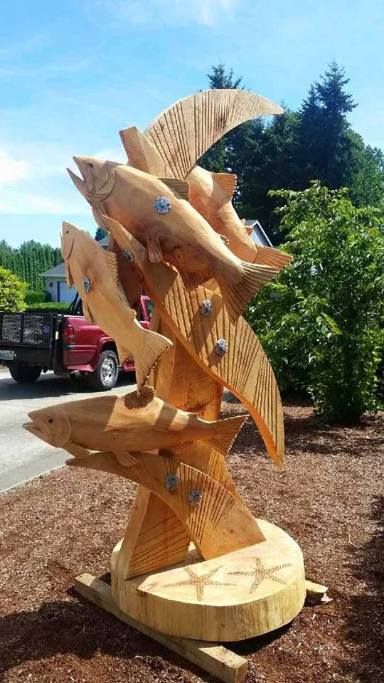 Jumping Salmon Chainsaw Carved Wood Sculpture Freestanding Tomas Vrba