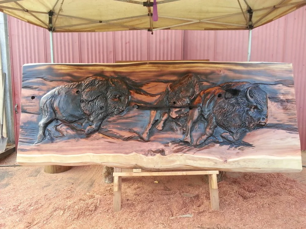 Bison Run Relief Chainsaw Carved Wood Sculpture Tomas Vrba