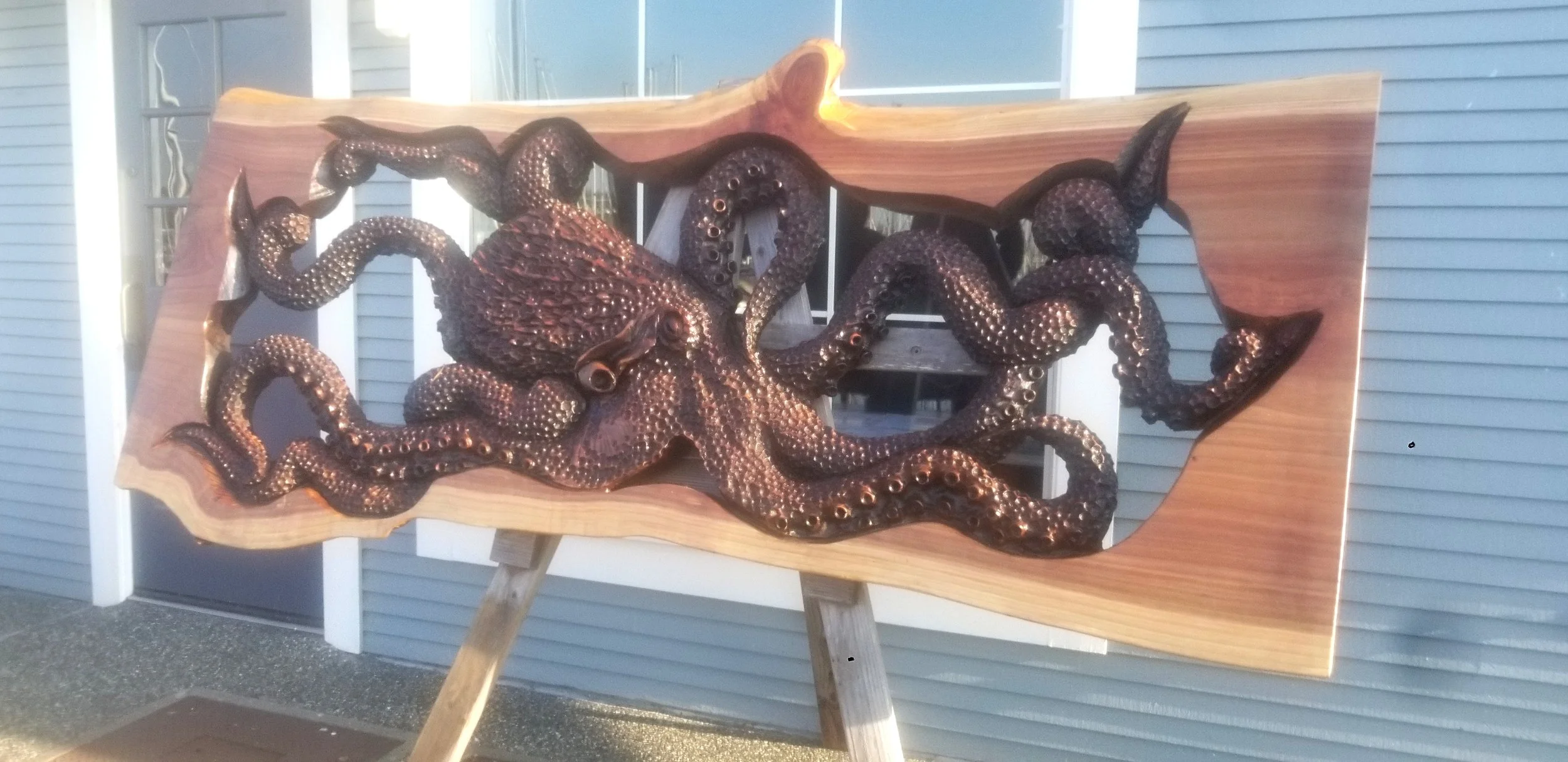 Octopus Relief Horizontal Chainsaw Carved Wood Sculpture Tomas Vrba