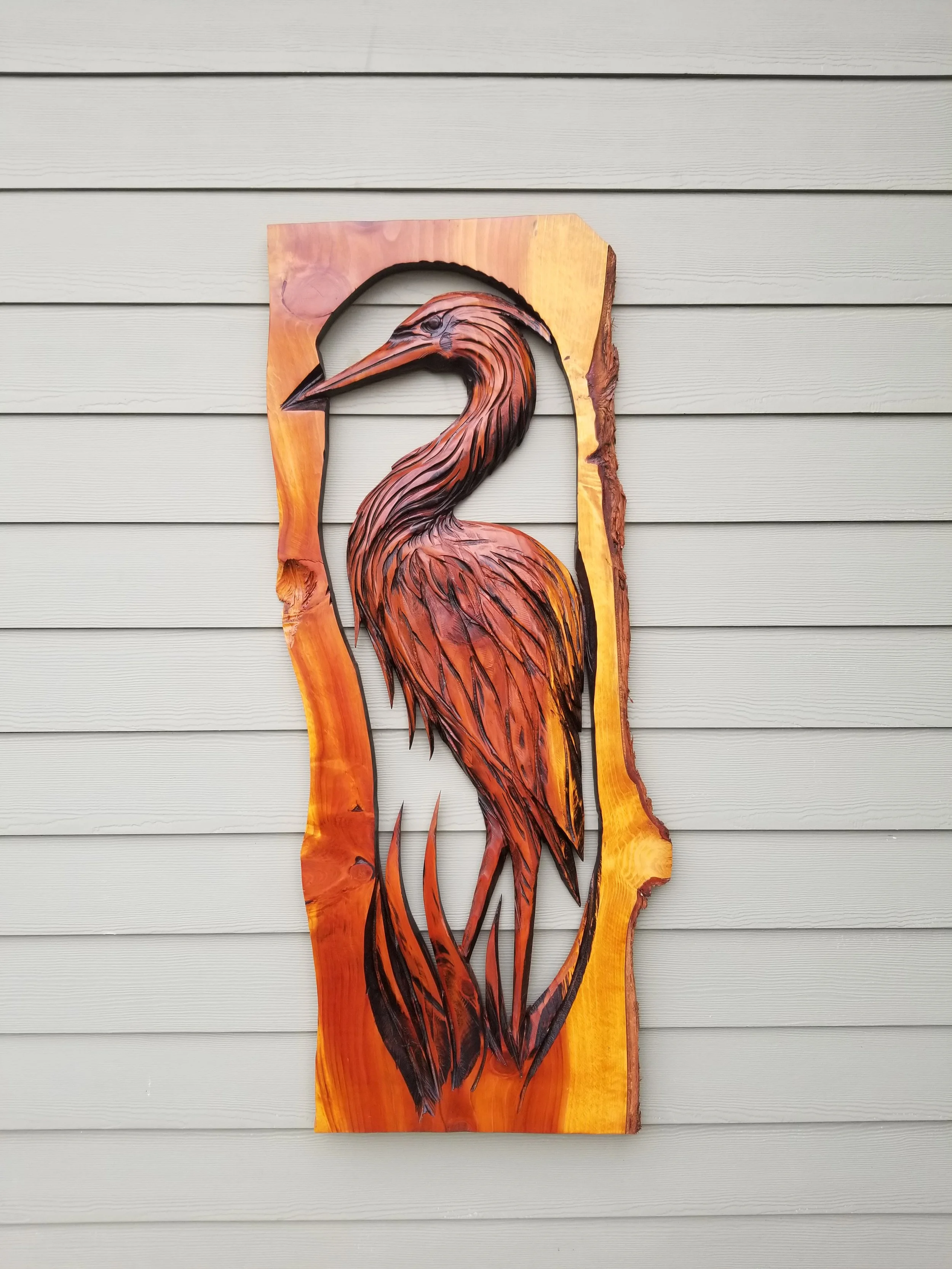 Heron wood relief sculpture from locally reclaimed western red cedar. Tomas Vrba