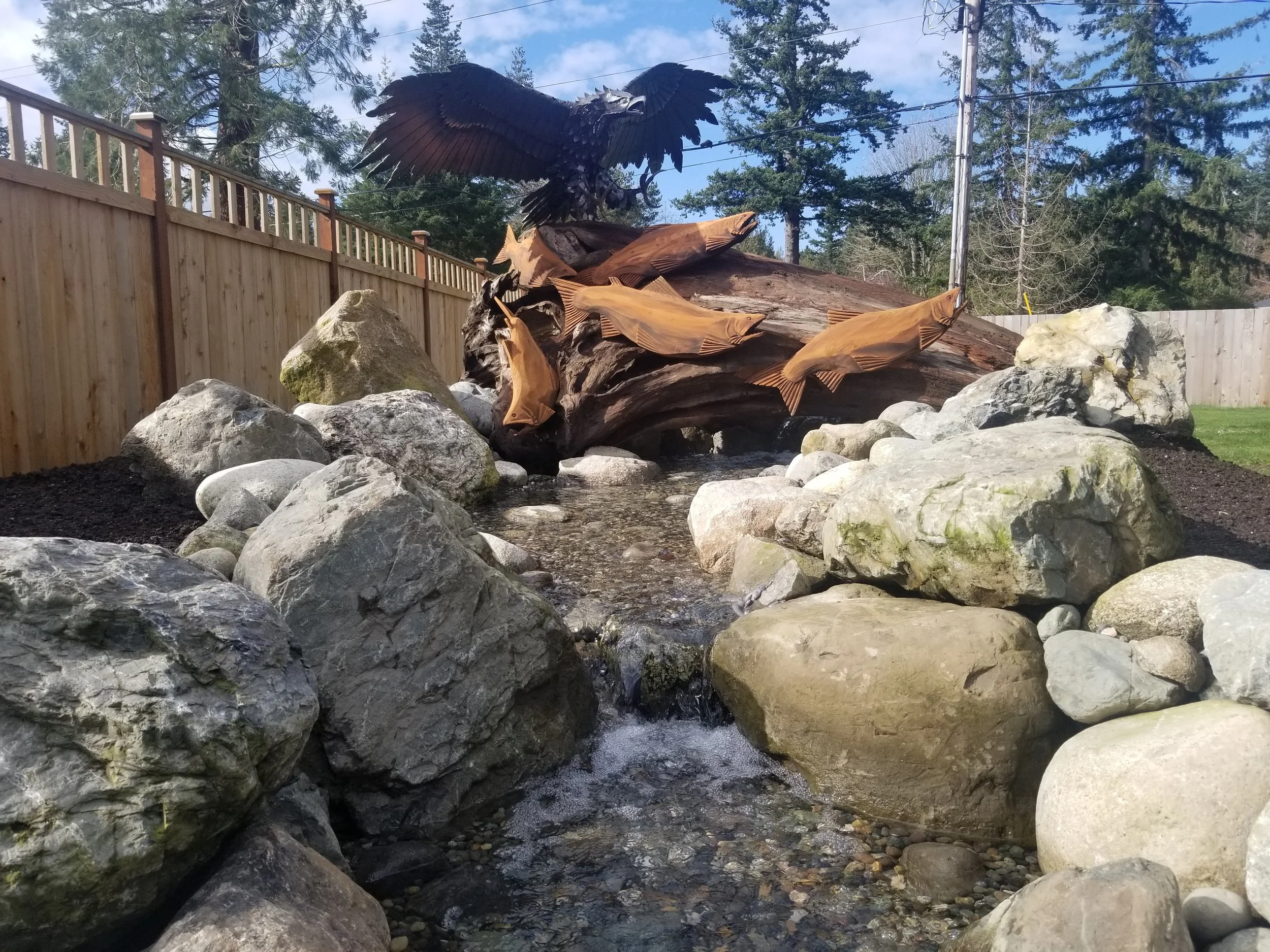 Water Feature Eagle and Salmon Metal Sculpture Tomas Vrba