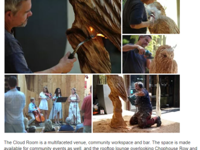 Wood sculptor Tomas Vrba of Bellingham creates a custom chainsaw carving at The Cloud Room community event space.