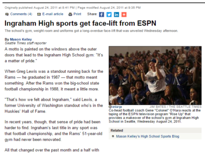 Chainsaw Sculptor Tomas Vrba creates new mascot sculpture out of wood for ESPN RiseUp revitalization of Seattle's Ingraham High School gymnasium.