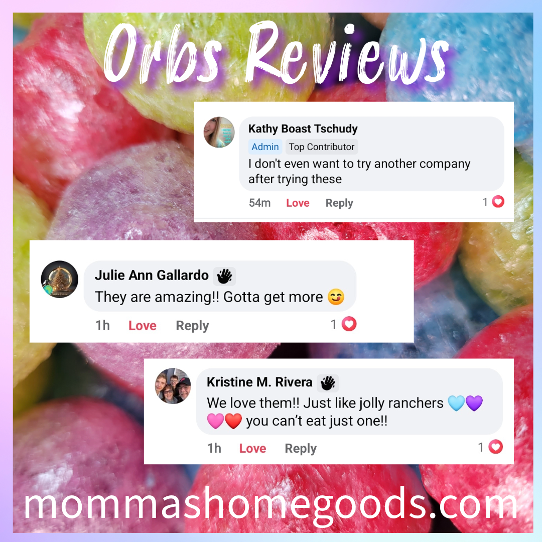 Close-up of colorful orbs or candies with overlaid comments from users praising and loving the products, with a website URL mommashomegoods.com at the bottom.
