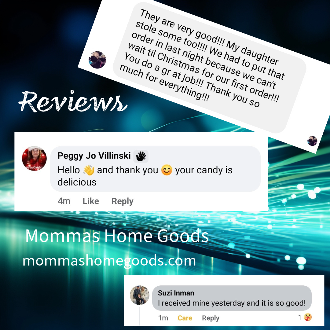 Screenshots of customer reviews for Mommas Home Goods, with comments about Christmas gifts like candy and stolen items, and positive feedback about the products.
