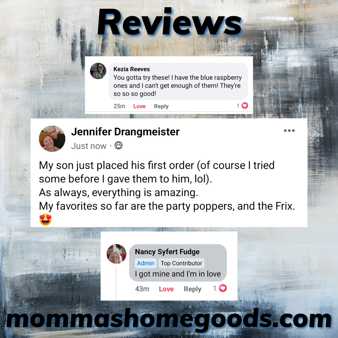 Screenshots of social media reviews about a product, featuring comments from users praising their experience, with website mommashomegoods.com at the bottom.