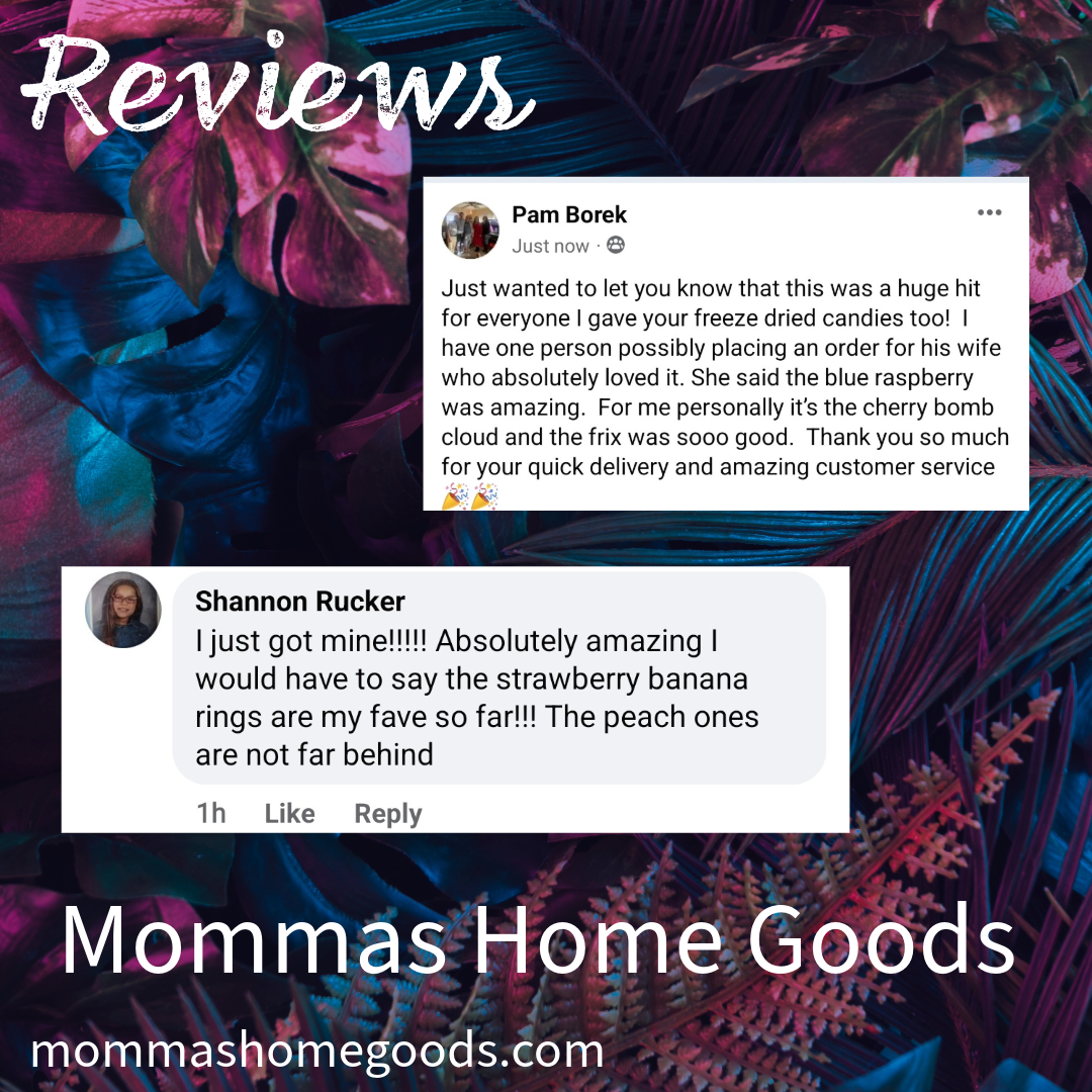 A promotional graphic for Mommas Home Goods with reviews from customers, featuring a vibrant background of tropical leaves in pink, purple, blue, and green shades, and text highlighting the positive feedback, including praise for candies and jewelry.