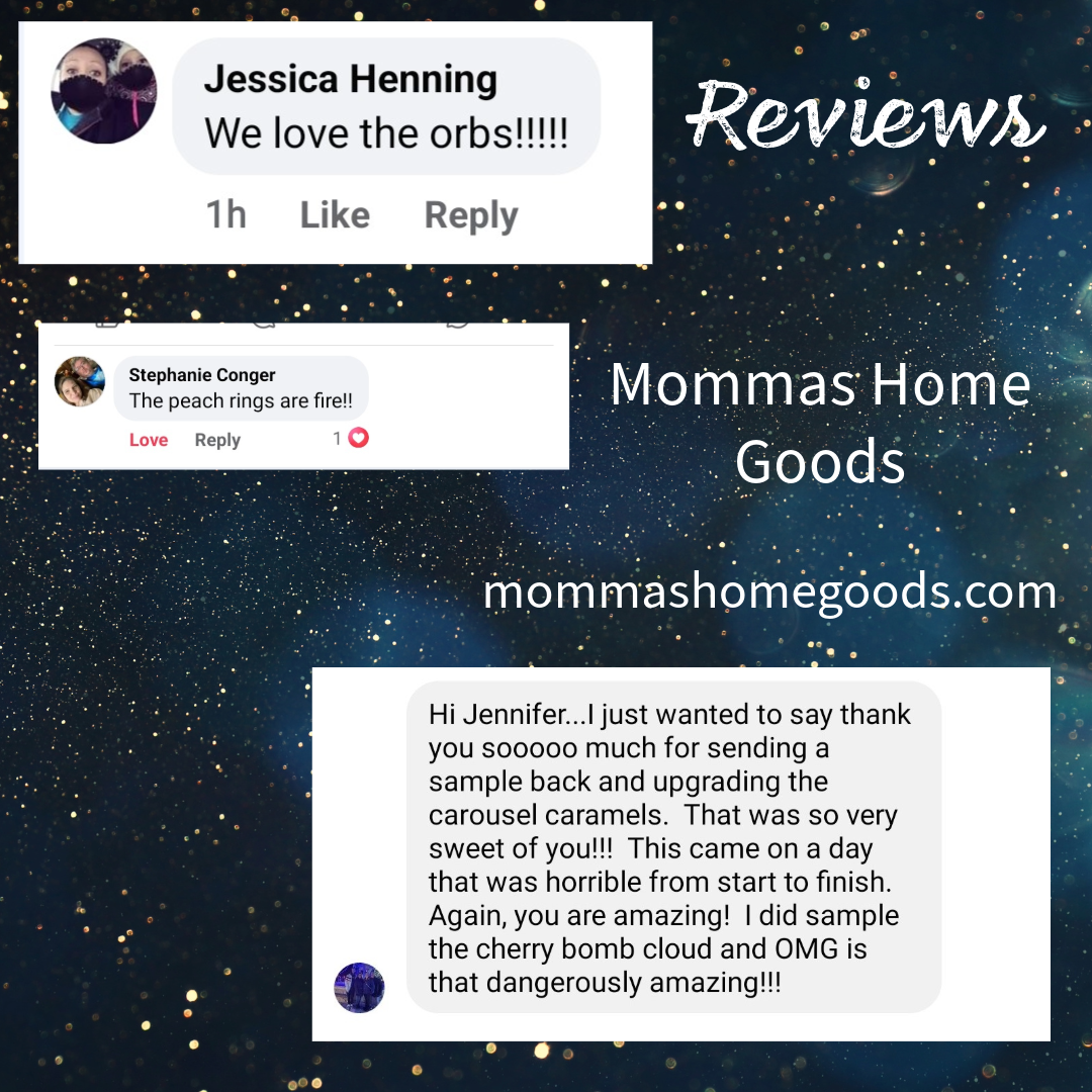 Screenshot of social media reviews and customer comments for Mommas Home Goods against a starry night sky background, featuring customer praises about product quality and customer service.