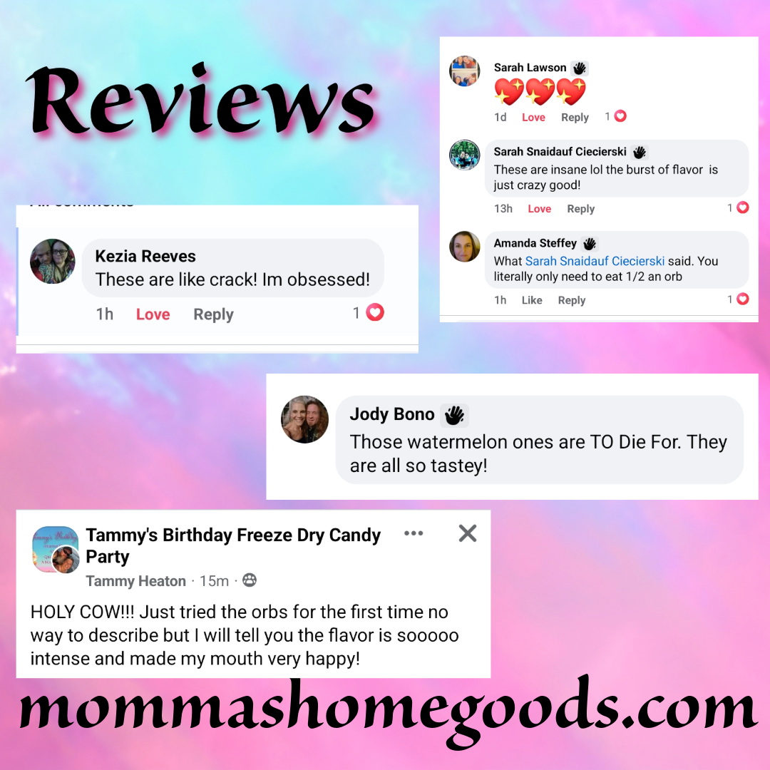 A collage of social media reviews with comments praising a flavored product, with a colorful pastel background and the website 'mommashomegods.com' at the bottom.