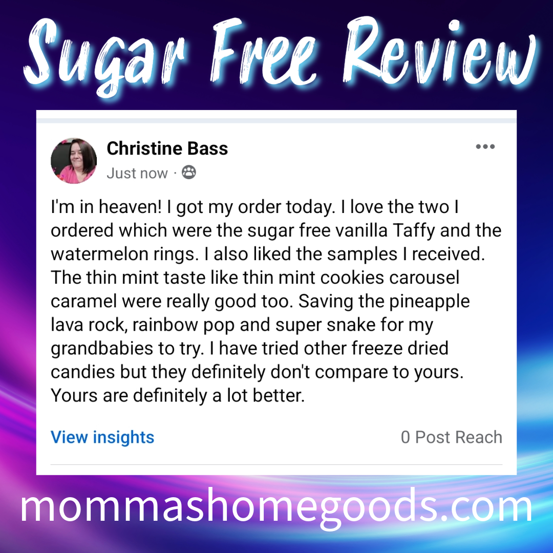 Screenshot of a Facebook review by Christine Bass about sugar-free products, with a background that says 'Sugar Free Review' and the website 'mommashomegods.com'.