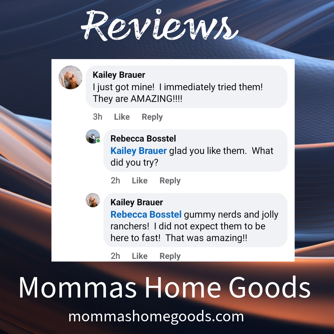 Screenshot of social media reviews for Mommas Home Goods, featuring comments from Kailey Brauer and Rebecca Bosstel praising products that Kailey bought and tried, with a background of abstract, wavy blue and brown textures.