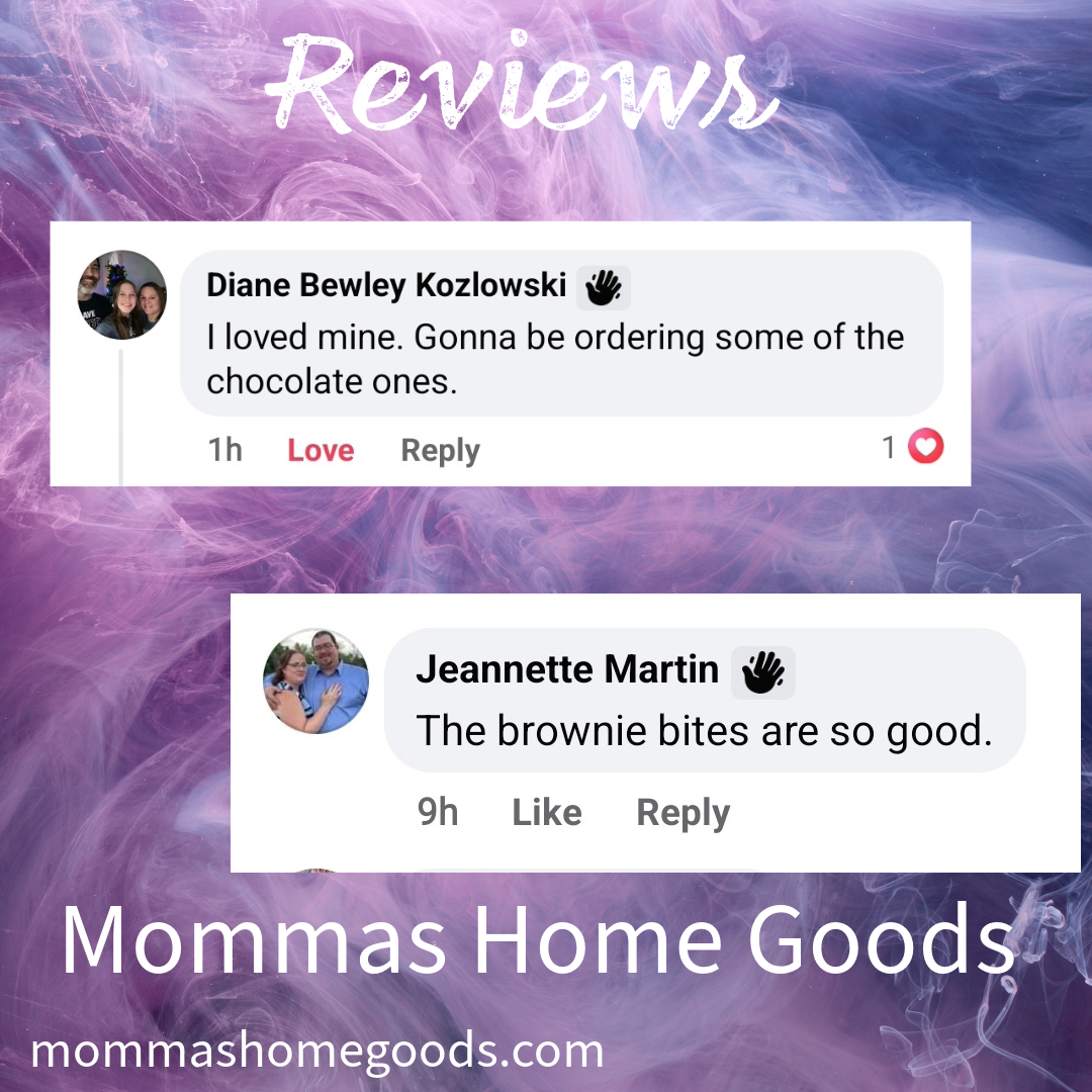 Online reviews for Mommas Home Goods, with user comments about chocolates and brownies, displayed on a purple smoky background.