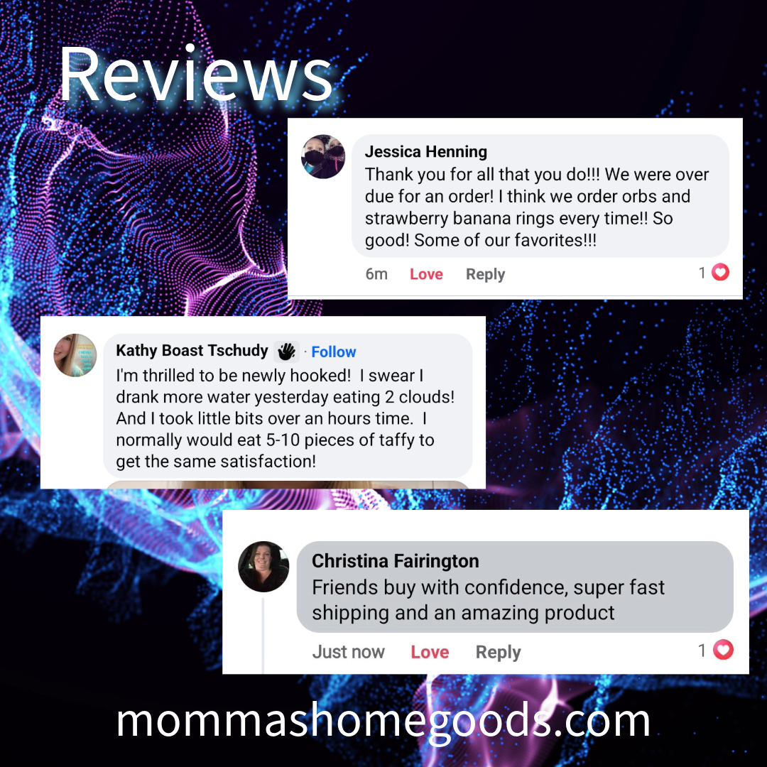 Screenshot of social media reviews about a product, with comments from Jessica Henning, Kathy Boast Tschudy, and Christina Fairington, presented over a digital blue and purple abstract background.