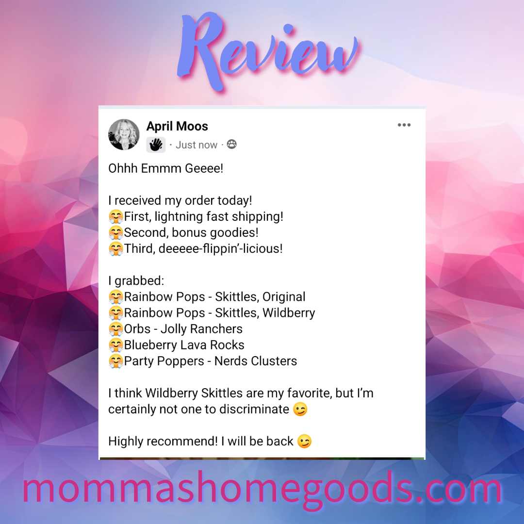 Social media review post with a pink, purple, and blue geometric background and the word "Review" in large script font at the top. The post is a customer review for a candy shop, describing their order and favorite candies, with a link to the website