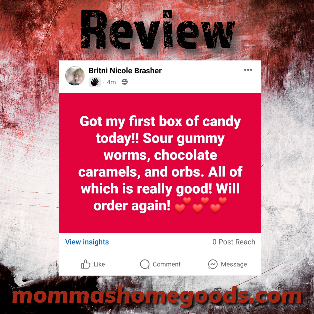 Review post from Britni Nicole Brasher on social media about her first box of candy, including sour gummy worms, chocolate caramels, and orbs, with a background that says "Review" and a website URL "mommashomegods.com".