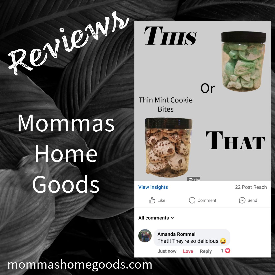 A graphic with a black and grey leafy background promoting Momma's Home Goods. The text reads "Reviewing Momma's Home Goods" and presents two choices: "This or That." The options are images of jars filled with different types of cookies or snacks. On
