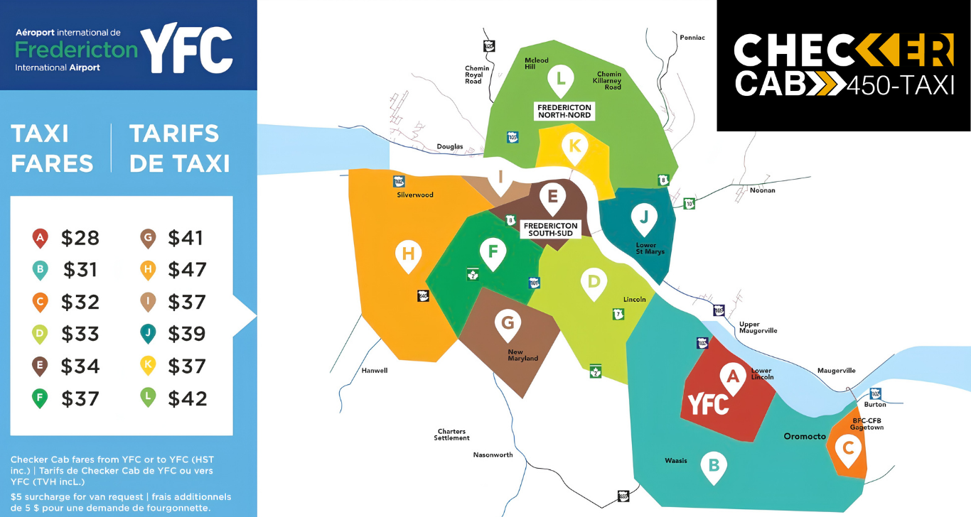 Checker Cab Flat Rate Map to and from YFC Airport