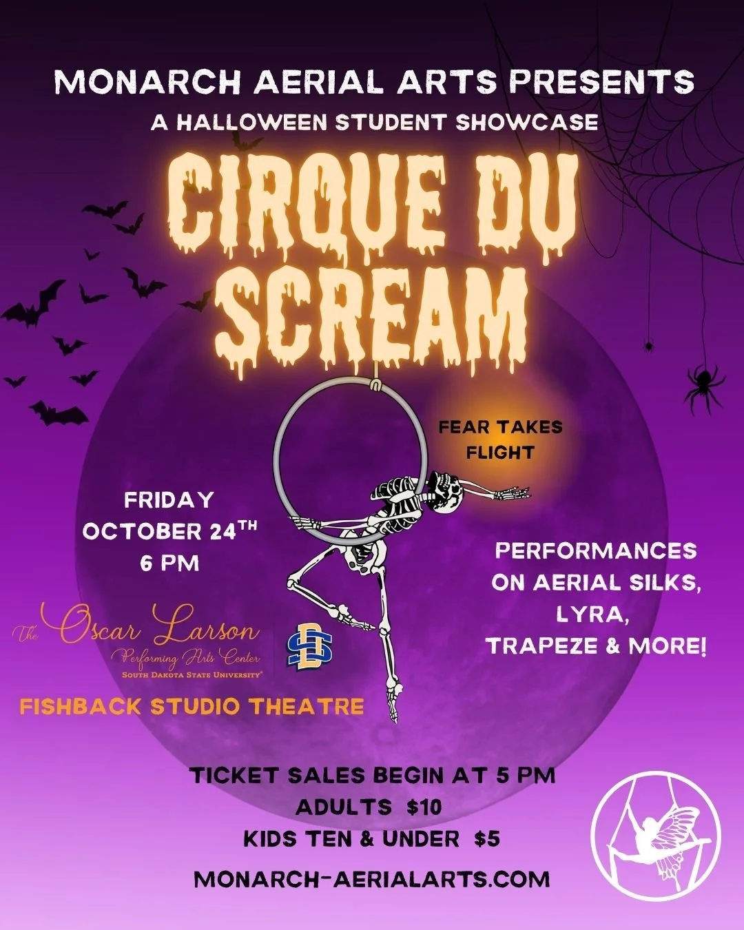 Monarch Aerial Arts Presents: CIRQUE DU SCREAM 
🕸️ Fear takes flight on silks, lyra, trapeze, and beyond&hellip;
✨ Cirque Du Scream | Friday, Oct 24 at 6PM
📍 Fishback Studio Theatre &mdash; Oscar Larson Performing Arts Center
🎟️ $10 adults | $5 ki