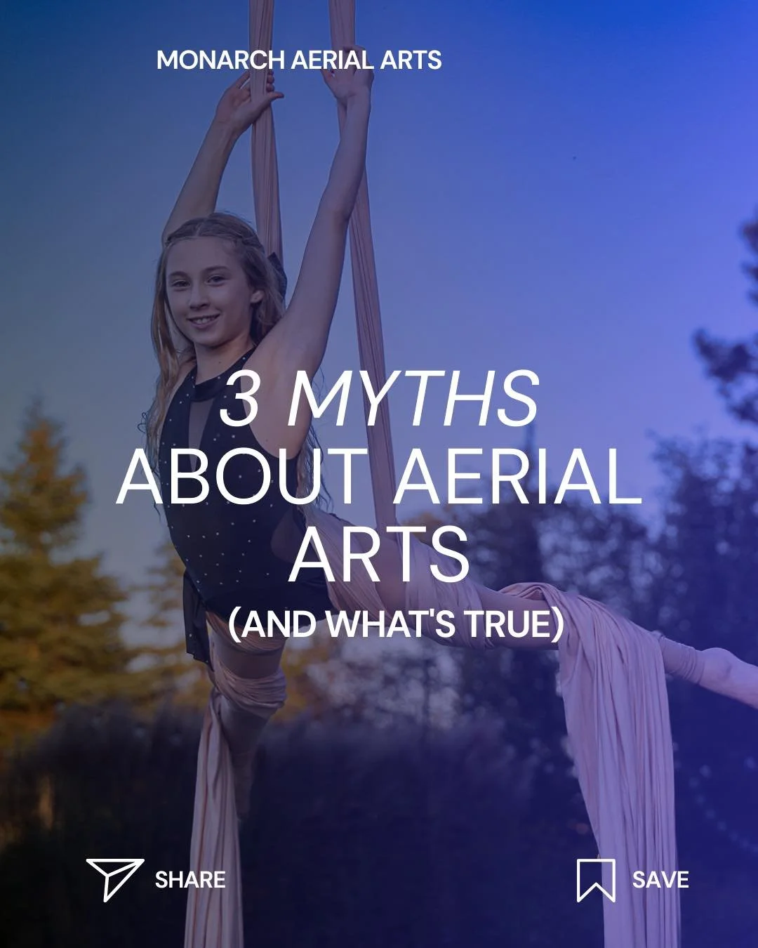 3 MYTHS about Aerial Arts (and what's true!) 

1. Upper body strength &amp; flexibility are NOT prerequisites. They are outcomes! Most of us could not do a pull-up or a split when we first started - consistency is KEY. 

2. Aerial Arts are not only f