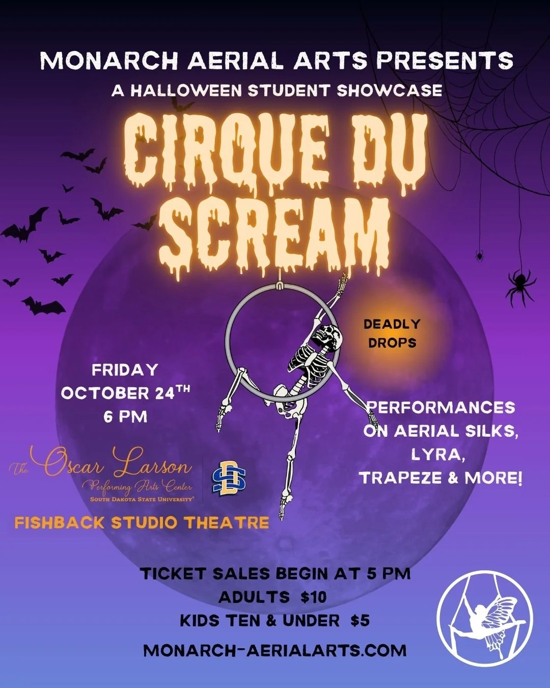 Monarch Aerial Arts Presents: CIRQUE DU SCREAM 
🕸️ Fear takes flight on aerial silks, lyra, trapeze, and beyond&hellip;
✨ Cirque Du Scream | Friday, Oct 24 at 6PM
📍 Fishback Studio Theatre &mdash; Oscar Larson Performing Arts Center
🎟️ $10 adults 