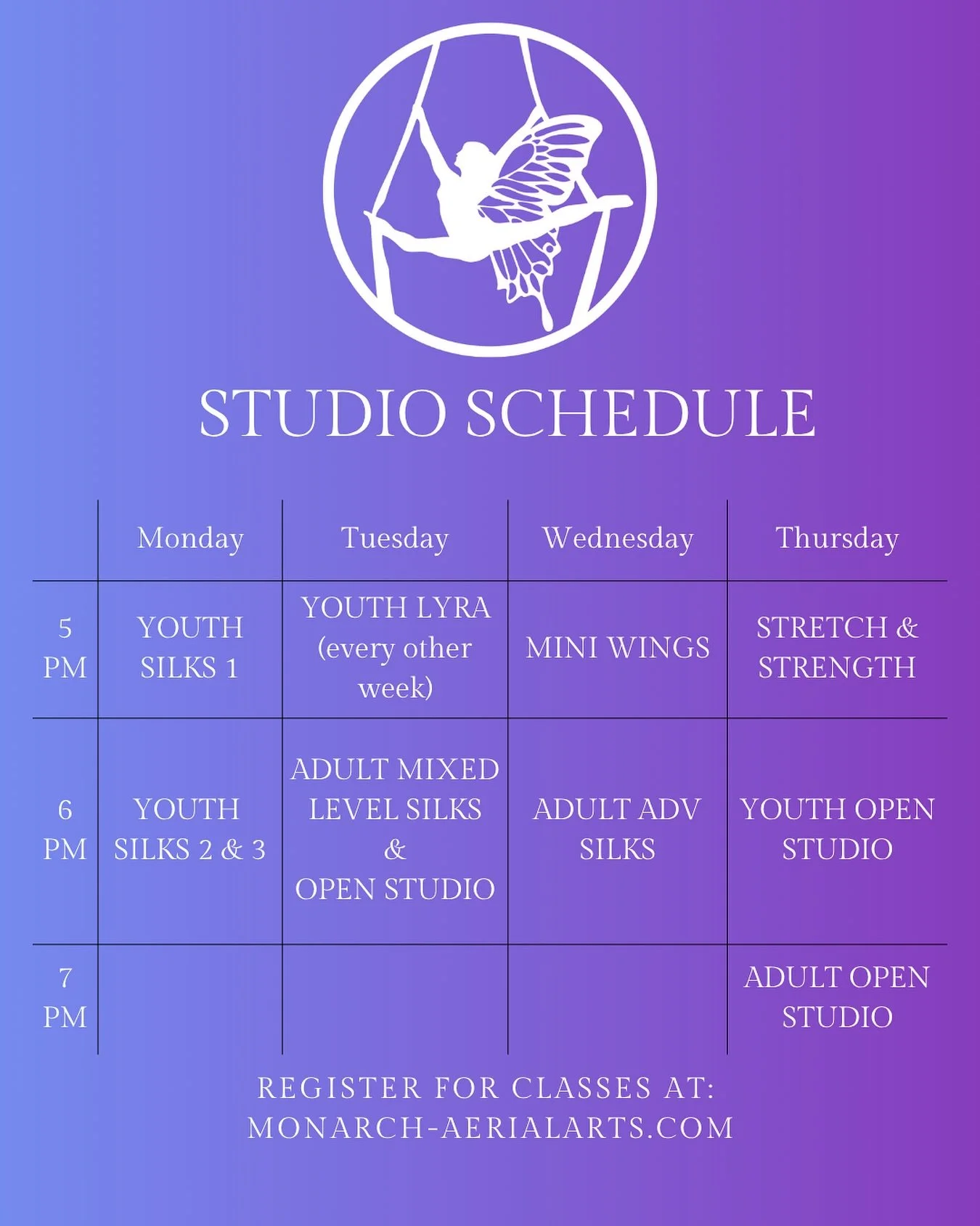 Ready to fly? ✨
From youth silks to adult open studio, we&rsquo;ve got something for every aerialist!
Check out our weekly schedule and join us in the air 💜
Register at monarch-aerialarts.com