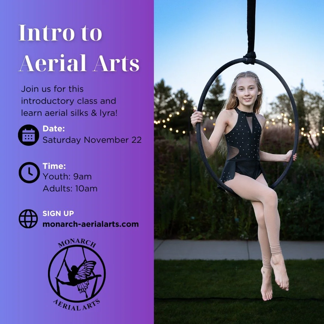 Upcoming Intro to Aerial Arts class 
💜Join us and learn beginner poses, climbs &amp; drops on aerial silks &amp; lyra (aerial hoop). NO experience necessary!
🗓Saturday November 22nd
⏰9am: Kids (6 and up)
⏰10am: Adults
Sign up on our website: monarc