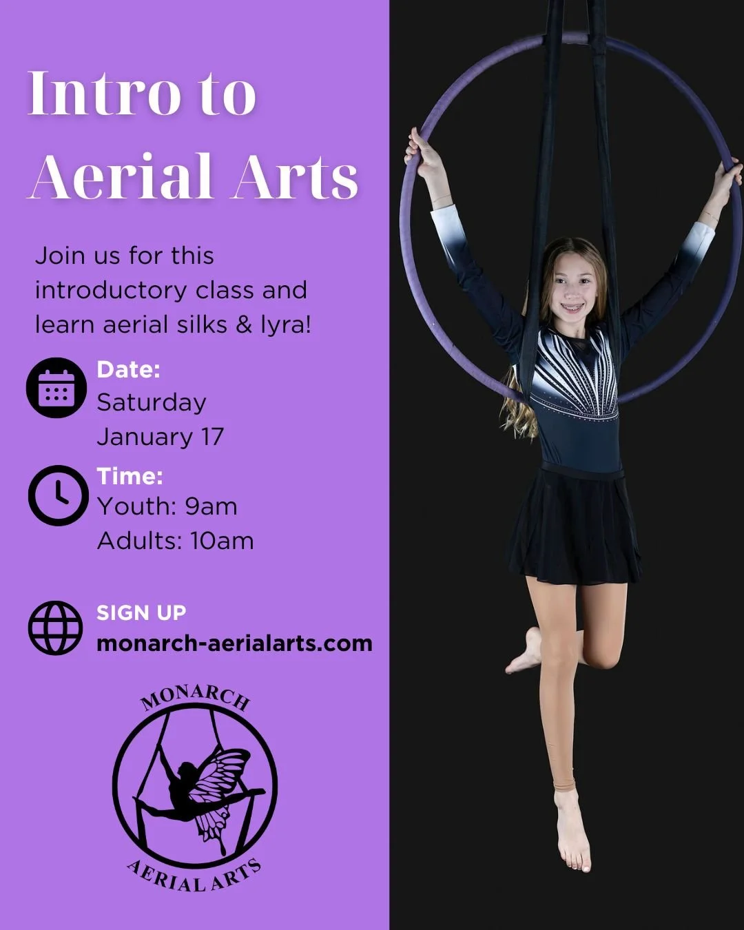 Upcoming Intro to Aerial Arts class 
💜Join us and learn beginner poses, climbs &amp; drops on aerial silks &amp; lyra (aerial hoop). NO experience necessary!
🗓Saturday January 17th 
⏰9am: Kids (6 and up)
⏰10am: Adults
Sign up on our website: monarc