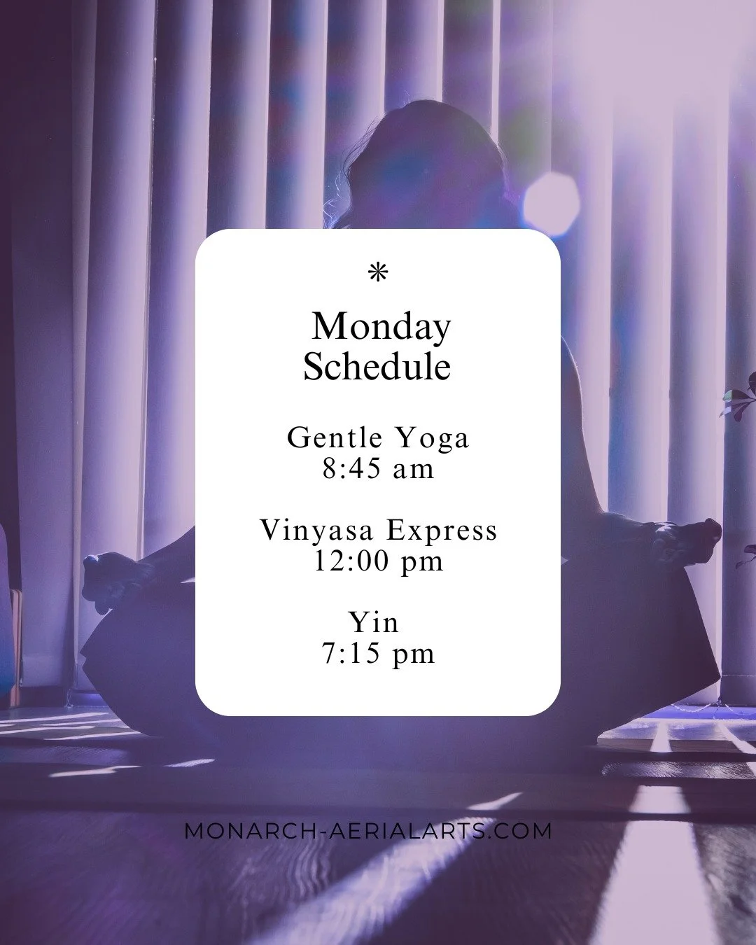 Monarch Yoga offers a full traditional yoga schedule that includes vinyasa, yin, hatha and restorative yoga classes. Join us Monday - Friday for a relaxing gentle stretch or an energizing vinyasa flow!