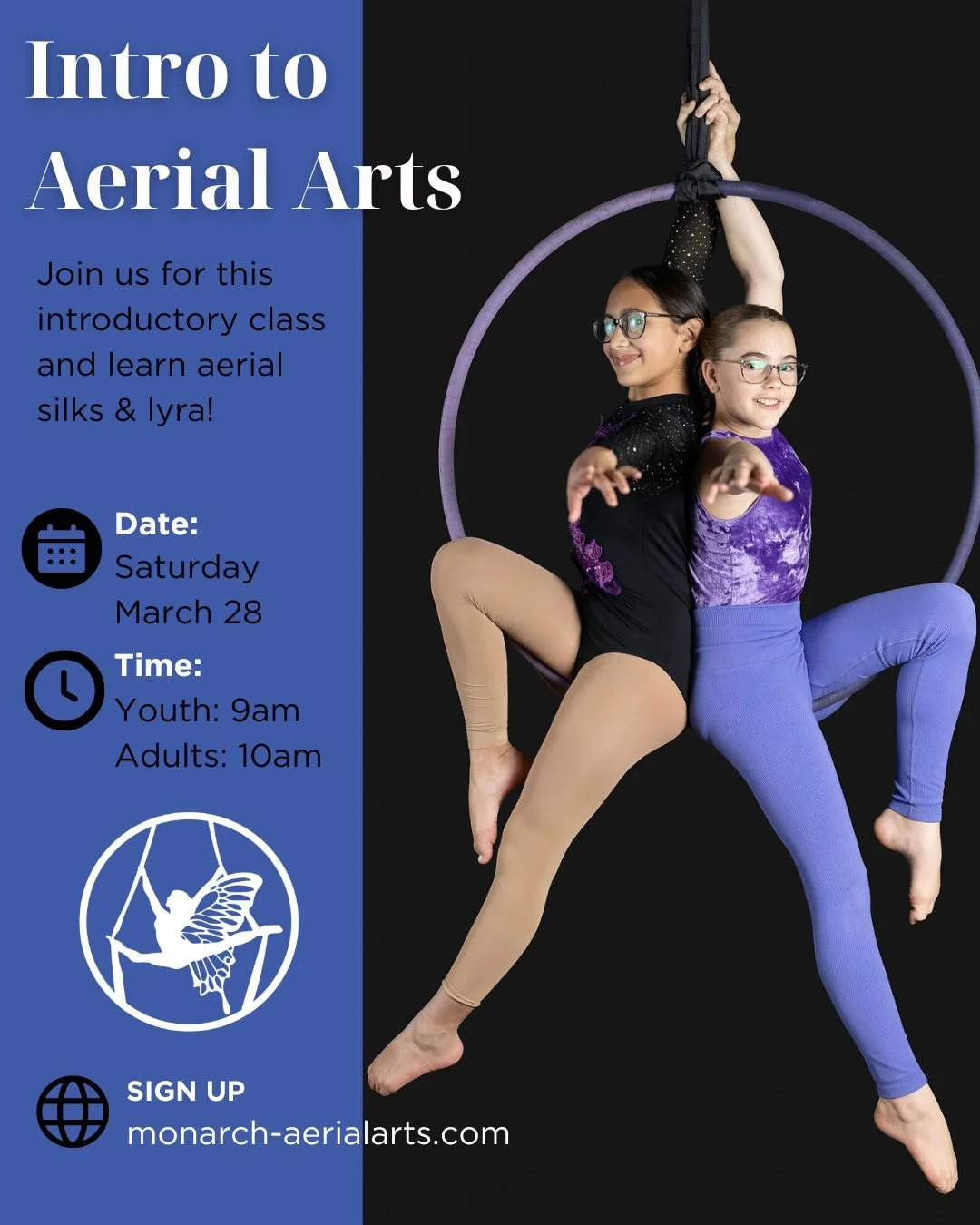 Ready to try aerial arts? ✨Reserve your spot by Thursday, March 26!

Join us for a Beginner Intro to Aerial Arts class and experience the excitement of flying! You'll learn the basics in a welcoming, supportive environment &mdash; no experience neces