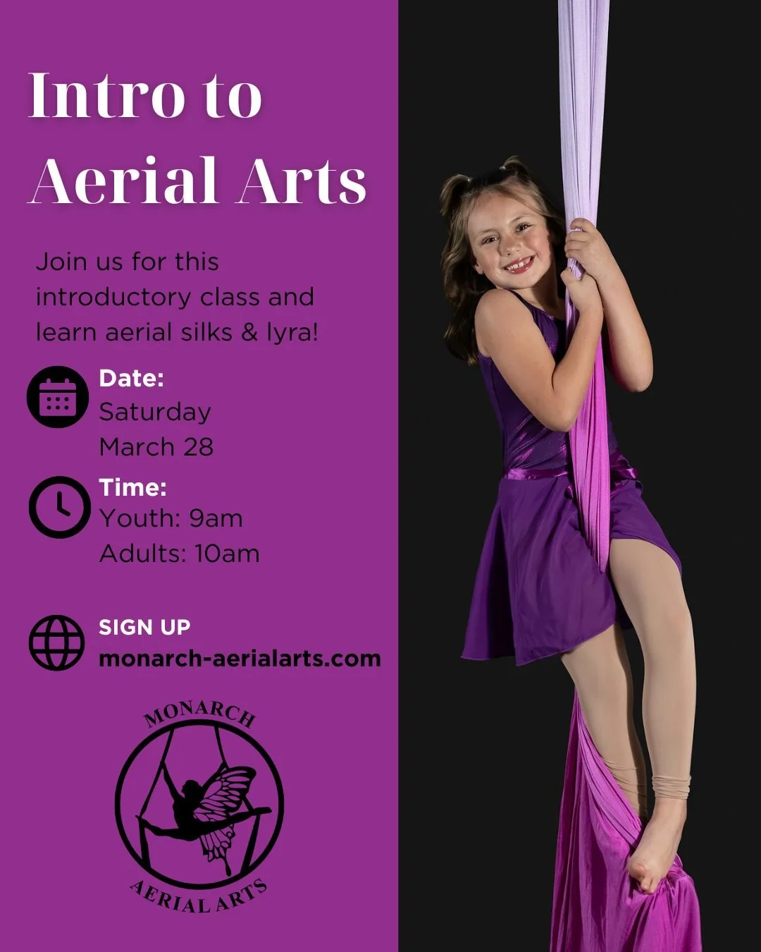 Registration closes TODAY Thursday March 26th! 
Intro to Aerial Arts - No experience necessary!

📅 Saturday, March 28
9:00 AM &ndash; Kids Intro Class
10:00 AM &ndash; Adult Intro Class