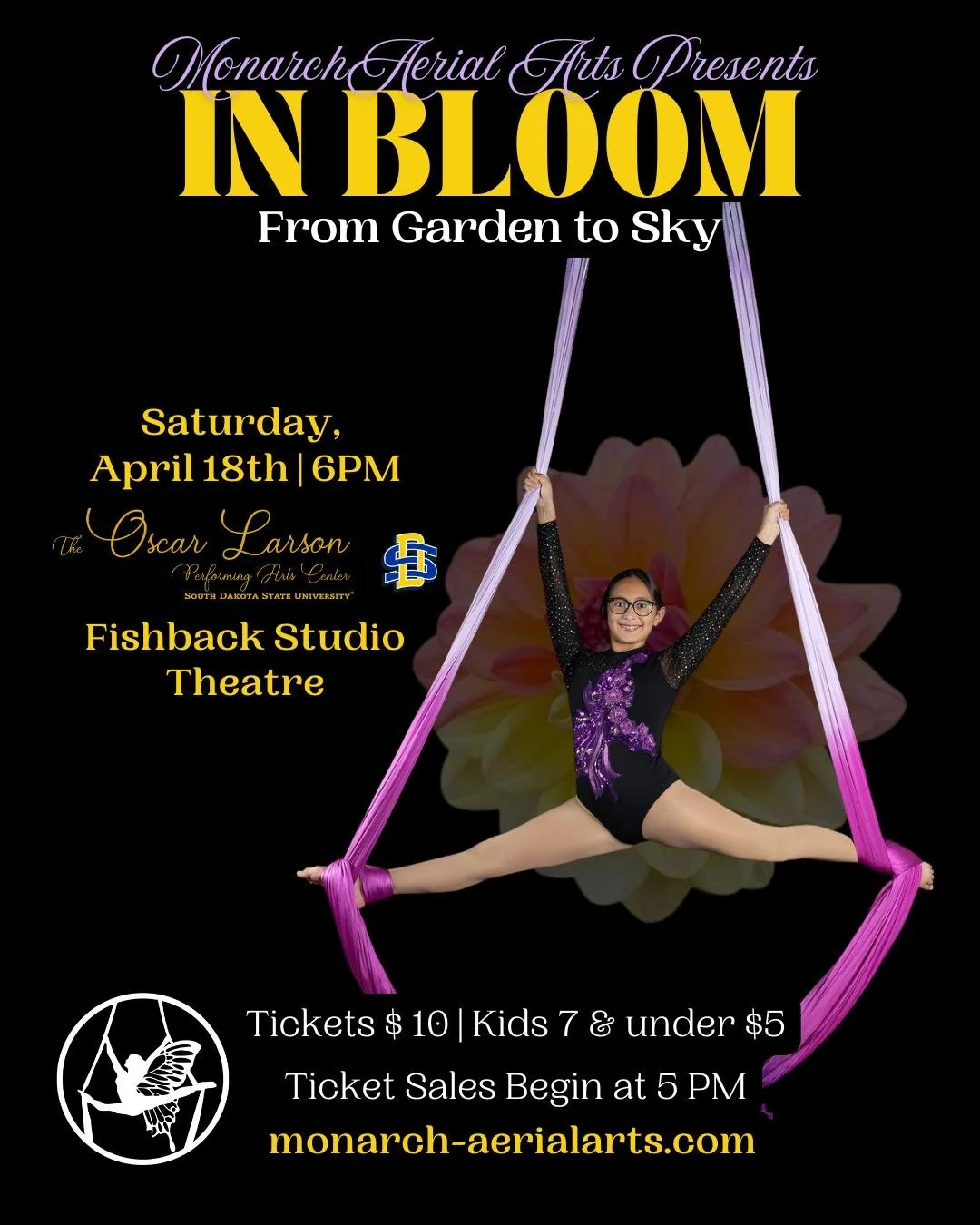 🌸 Monarch Aerial Arts Presents: IN BLOOM 🌸
From Garden to Sky

This spring, witness our performers rise &mdash; showcasing strength, grace, and creativity through breathtaking routines on aerial silks, lyra, trapeze, and more.

📅 Saturday, April 1