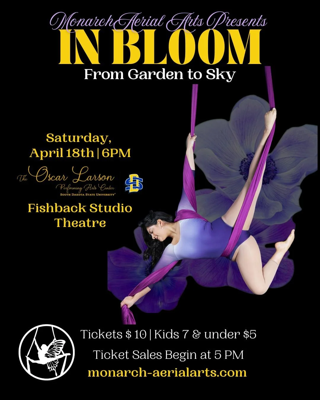 🌸 Monarch Aerial Arts Presents: IN BLOOM 🌸
From Garden to Sky

This spring, witness our performers rise &mdash; showcasing strength, grace, and creativity through breathtaking routines on aerial silks, lyra, trapeze, and more.

📅 Saturday, April 1