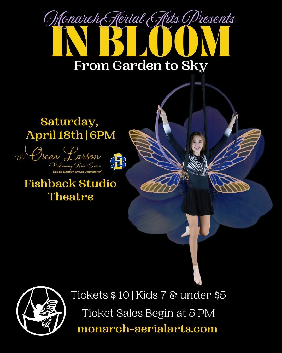🌸 Monarch Aerial Arts Presents: IN BLOOM 🌸
From Garden to Sky

This spring, witness our performers rise &mdash; showcasing strength, grace, and creativity through breathtaking routines on aerial silks, lyra, trapeze, and more.

📅 Saturday, April 1