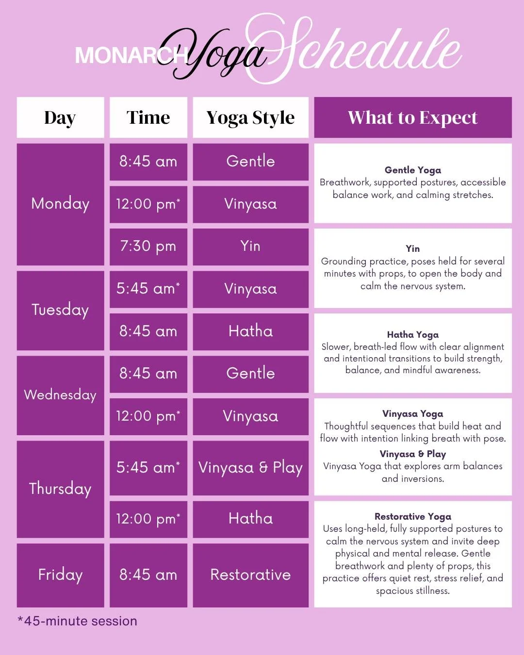 Our Weekly Yoga Schedule 🧘&zwj;♀️

From energizing morning flows to slower, more grounding practices, each class offers something different&mdash;while staying rooted in traditional yoga.

Flow in Vinyasa, build awareness in Hatha, soften into Yin, 