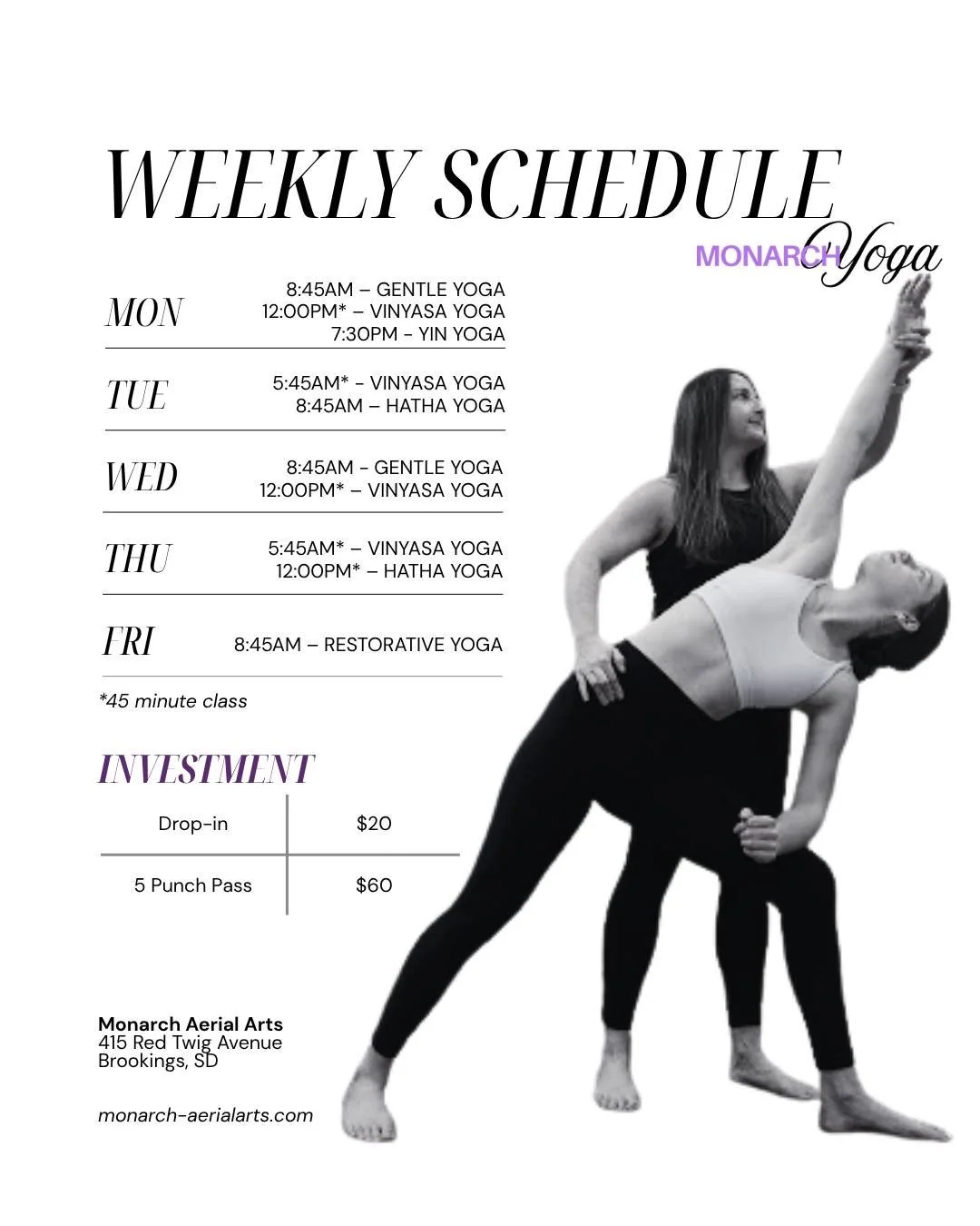 With class options including Vinyasa, Gentle Yoga, Yin, Hatha, and Restorative, our schedule offers a balanced approach to movement, breath, and stillness&mdash;there&rsquo;s something for every body and every pace.

#yoga #vinyasa #yin #hatha