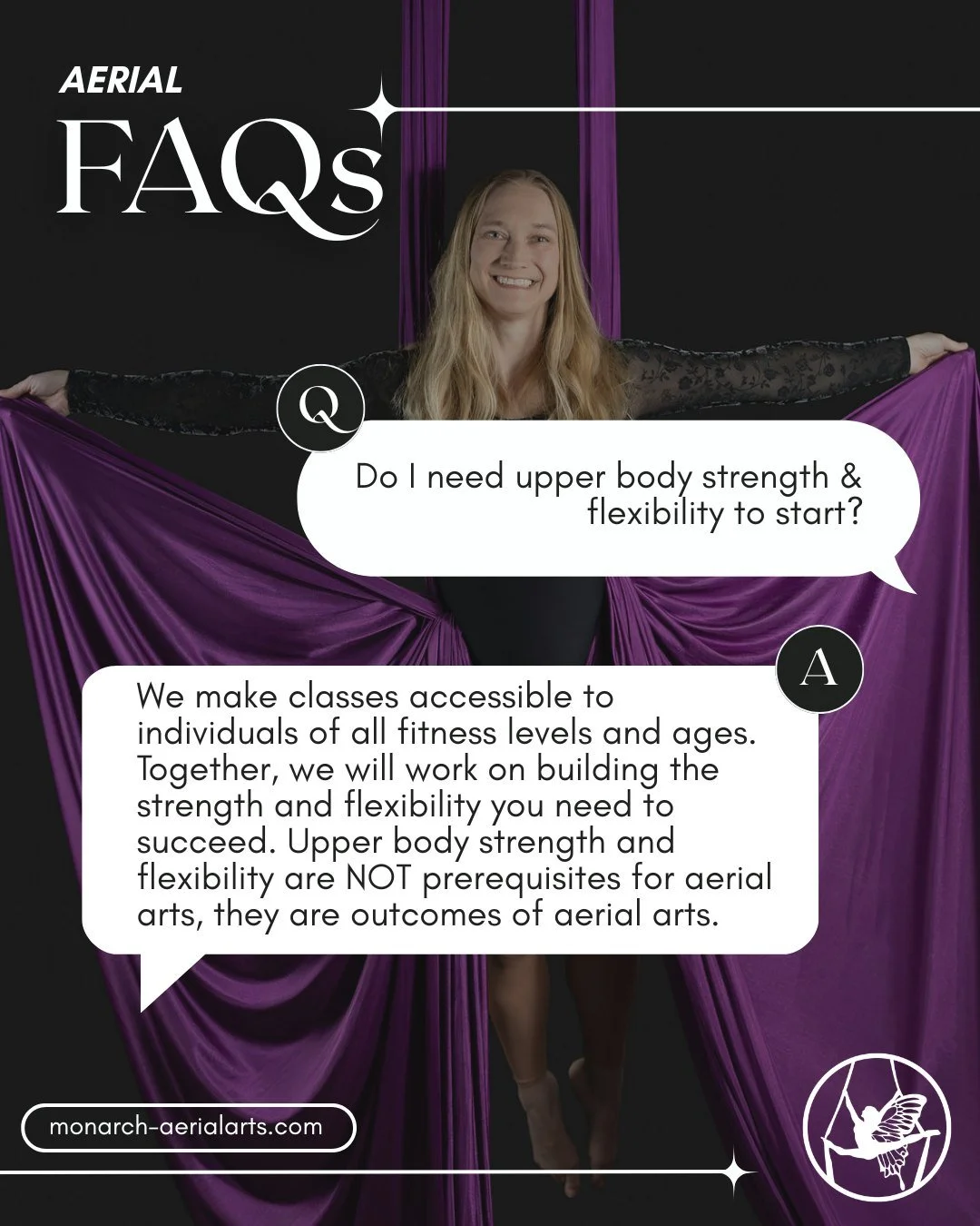 Aerial FAQs ✨
New to aerial? We&rsquo;ve got you covered. From what to wear to where to start, we&rsquo;re here to make your first class feel confident and fun.
For more FAQs, visit our website or send us your question!