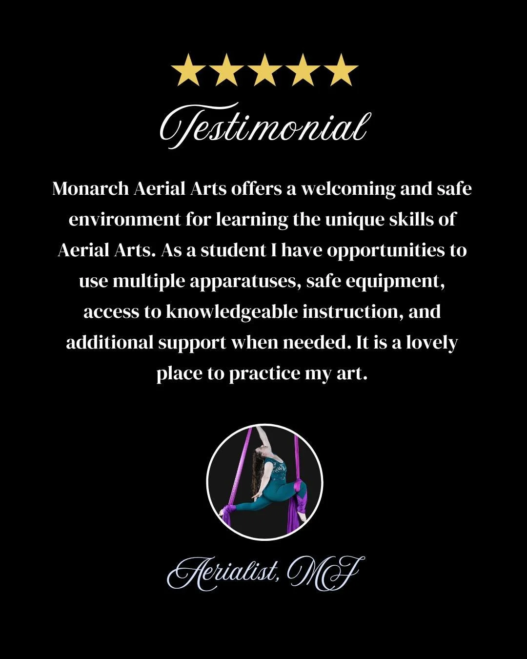 A place to learn, grow, and truly enjoy the process. ⭐⭐⭐⭐⭐

At Monarch Aerial Arts, we focus on creating a space that&rsquo;s welcoming, safe, and supportive&mdash;where you can explore aerial arts with confidence.

With access to multiple apparatuse
