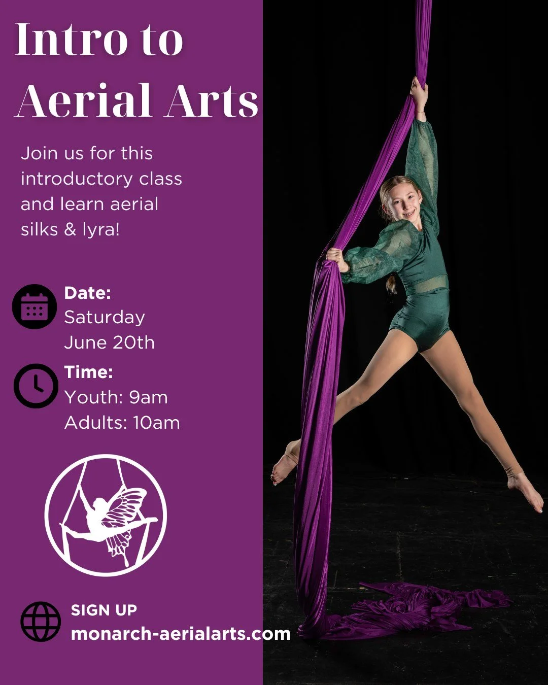 Looking for a new way to move, create, and challenge yourself? ✨

Our Intro to Aerial Arts class is designed for complete beginners. Learn the fundamentals of aerial silks and lyra in a safe, encouraging environment.

📅 Saturday, June 20th
⏰ Youth: 
