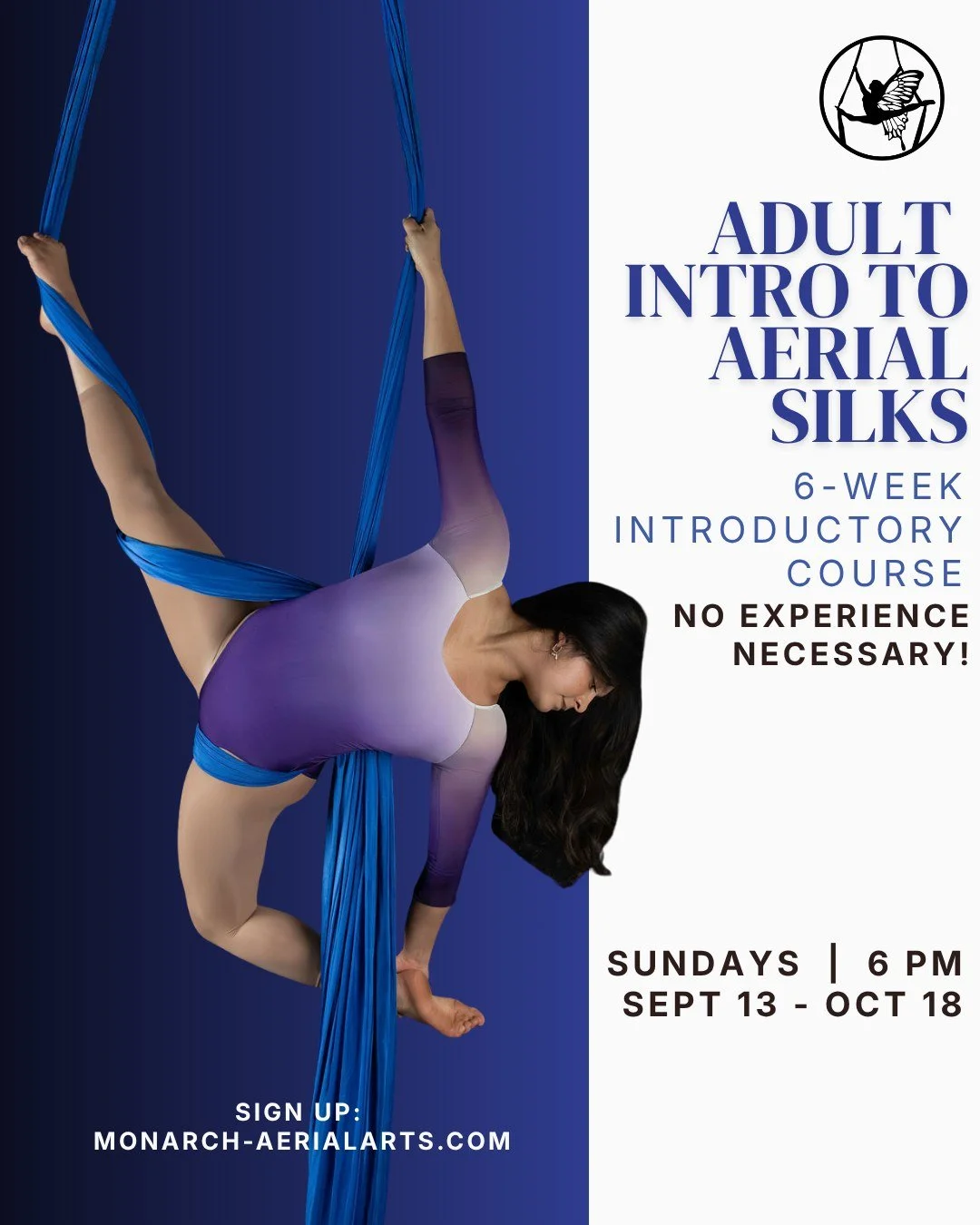 ✨ Ready to try aerial silks? Now is the time to sign up!

Our Adult Intro to Silks 6-week session is perfect for beginners &mdash; no experience necessary! Learn foundational wraps, poses, aerial terminology, and sequencing while building strength, f
