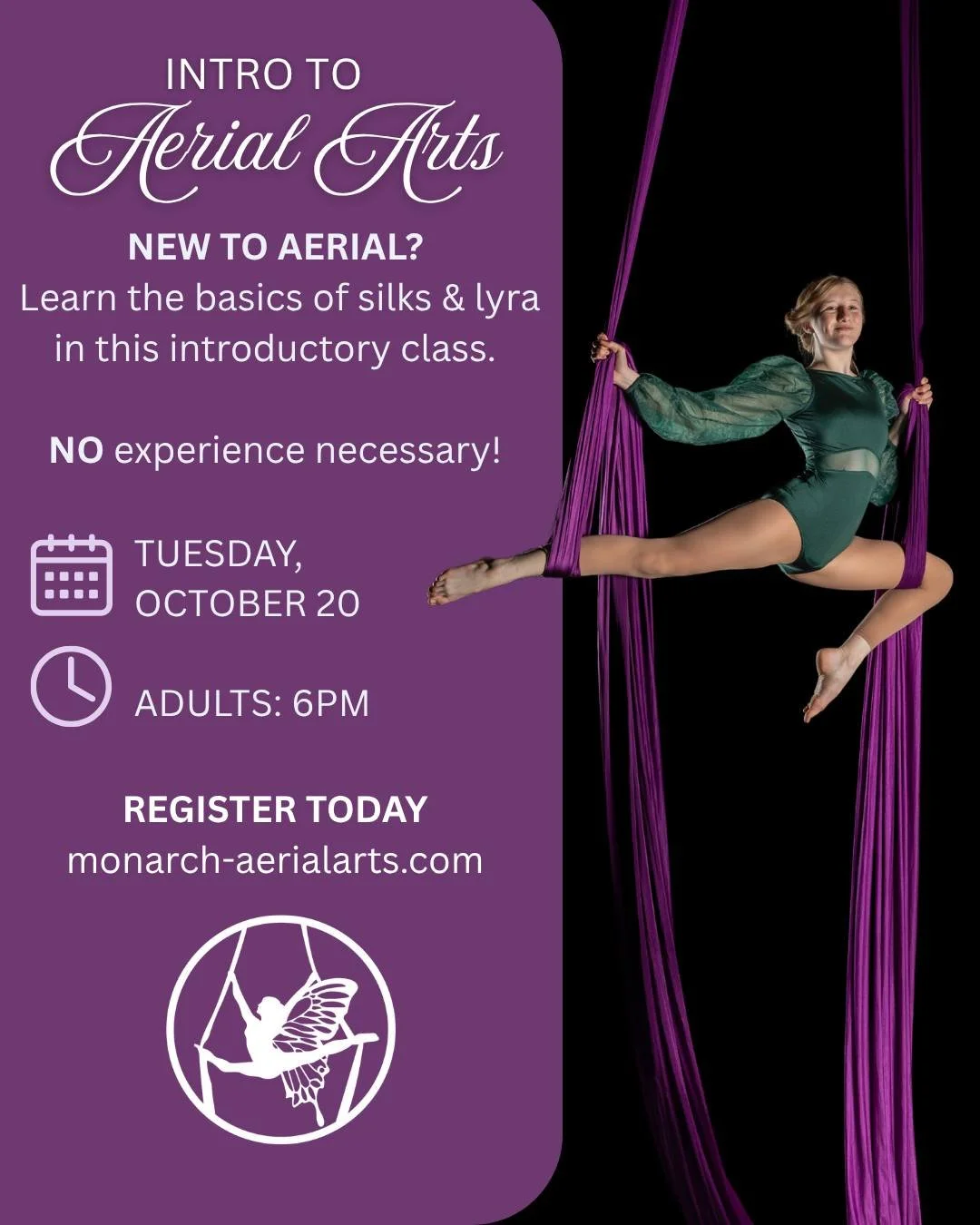 Our Adult Intro to Aerial Arts class is the perfect chance to step outside your comfort zone, learn something new, and experience the fun of aerial!

Learn the basics of aerial silks &amp; lyra in a fun, supportive environment. No experience necessar