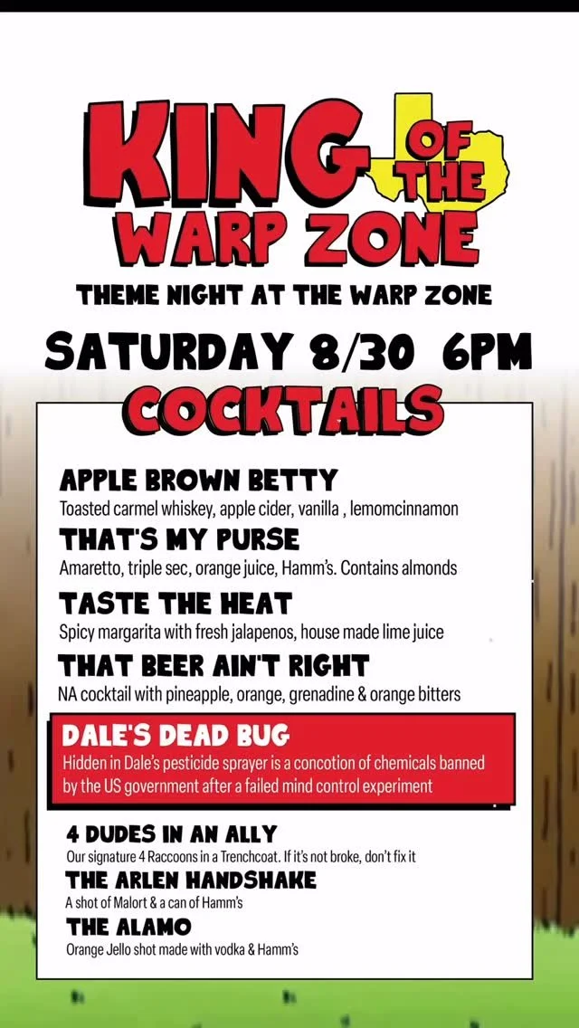 King of The Warp Zone ITS TODAY!!!!!
Cocktails start at 6, trivia at 8. Updates boss fight - we are doing la grange by ZZ Top