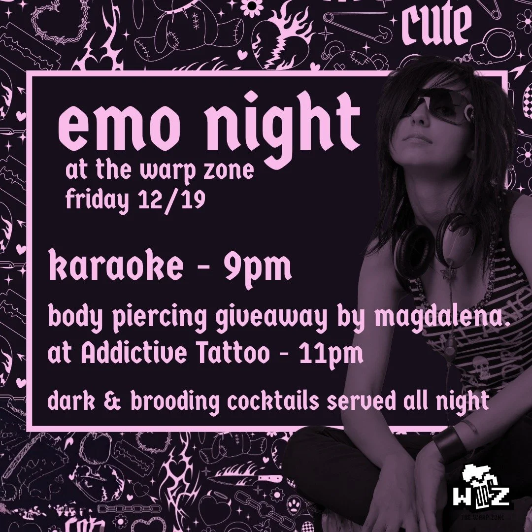 *** BODY PIERCING GIVEAWAY***
Addictive Tattoo's magdalena. will be at Emo Night and is giving away a body piercing. She will draw the winner at 11pm. Must be present to win. More info available at the event. See you Friday!