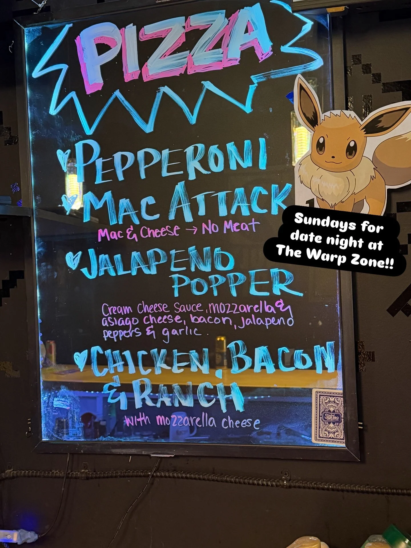 Sundays for for date night at The Warp Zone!!

Get the Sunday Date Night Special - a pizza, 2 drinks and 25 tokens for only $25. Open 4pm-midnight.