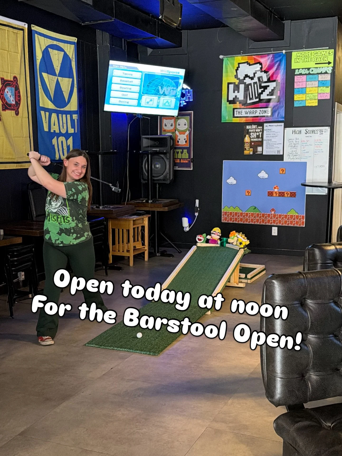 Someone please come in and tell Shelby she is doing it wrong. The Warp Zone is open today noon - 2am.  Stop in for the Barstool Open and then Comic Book Theme Night starts tonight at 7!!