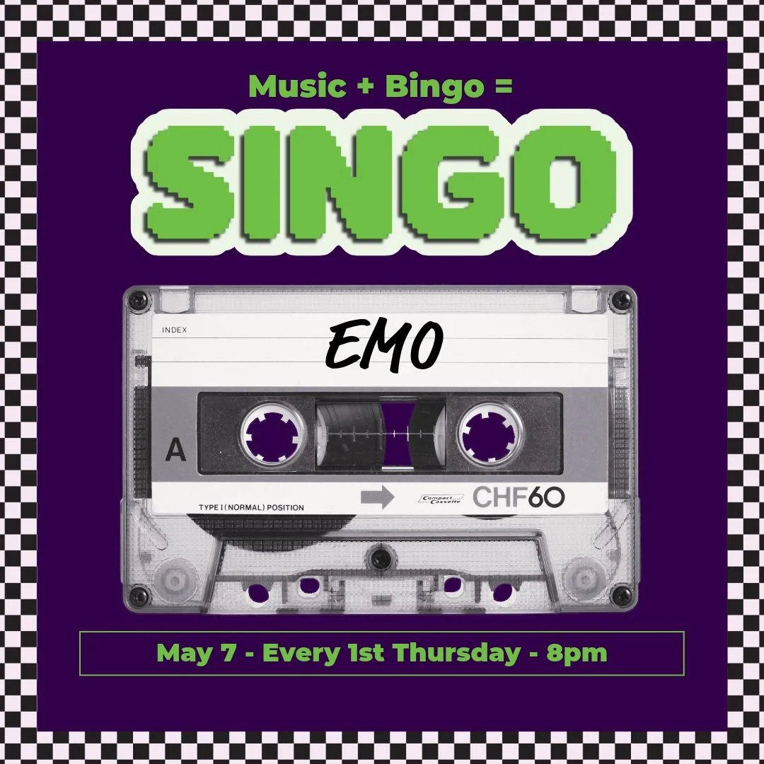 Music + Bingo = SINGO!  Singo Emo Edition with Shelby is Thursday 5/7 at 8pm.  Join us the first Thursday of every month for a new singo genre.  Singing is not required but HIGHLY encouraged.  See you at The Warp Zone!