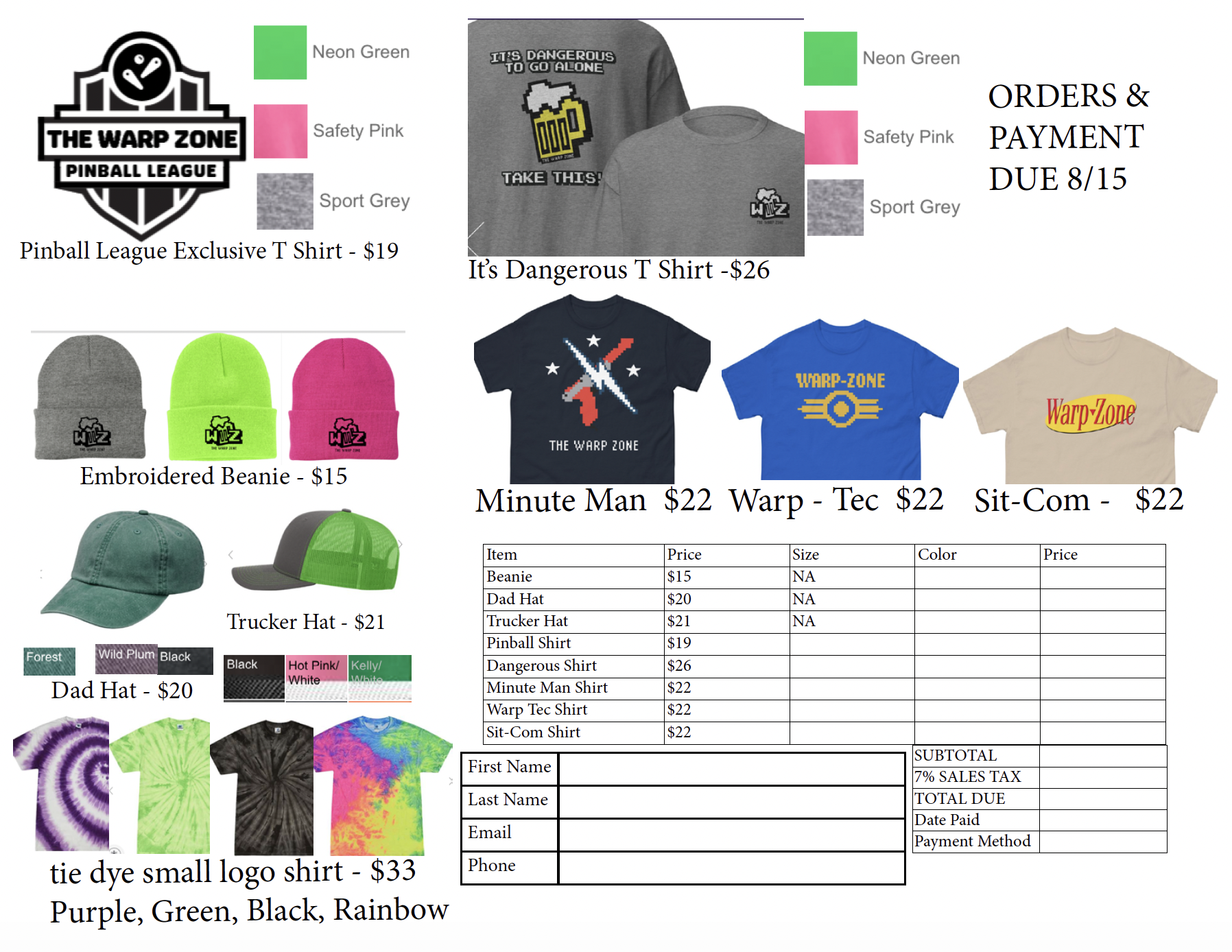 Color chart and merchandise items for The Warp Zone Pinball League, including exclusive T-shirt, embroidered beanie, hats, tie-dye shirt, and logo shirts, with prices and order form details.