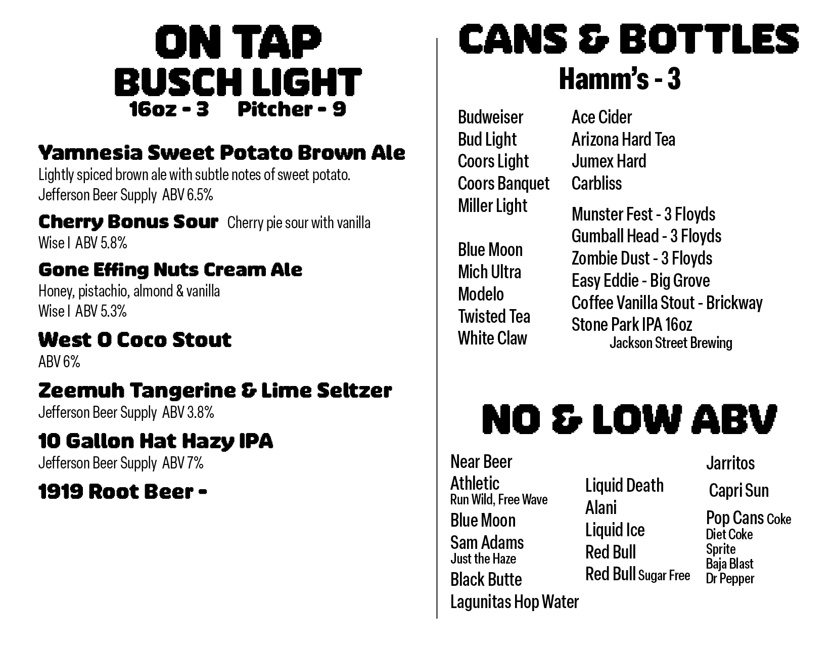 the warp zone beers on tap, cans & bottles, includes NA drinks