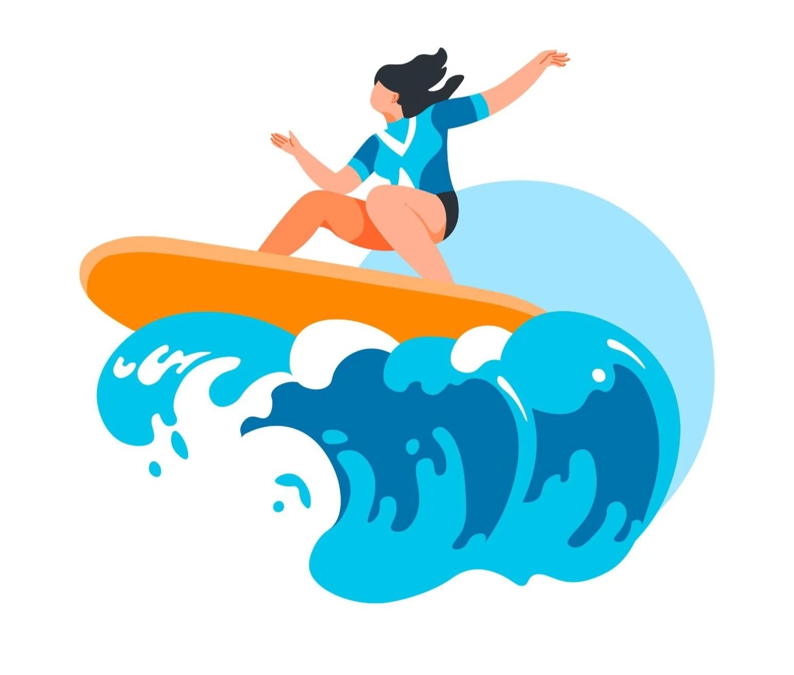 cartoon image of lady surfing
