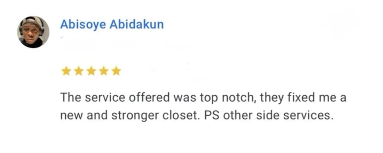 Customer review with star rating, customer picture, and testimonial about service quality.