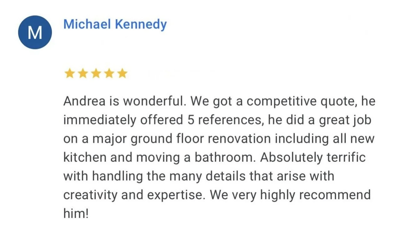Online review for Michael Kennedy, five-star rating, positive testimonial about Andrea's work on ground floor renovation, kitchen and bathroom, highly recommended.